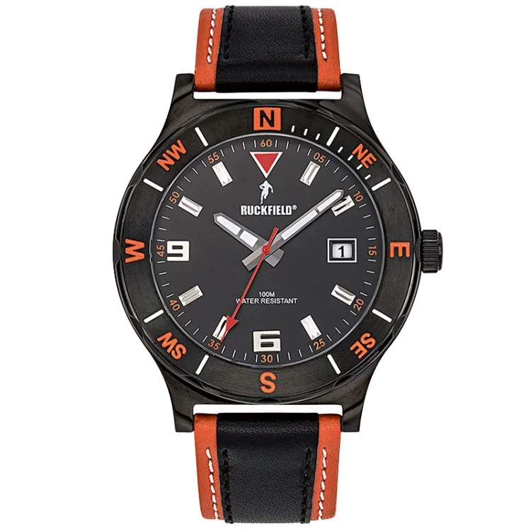 Montre Ruckfield - New Vintage - Cuir Noir et Orange - Cadran Noir Orange