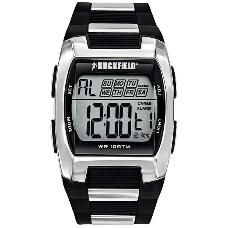 Montre Ruckfield - Sport - Digital Multifonction - Silicone Noir et Acier Blanc