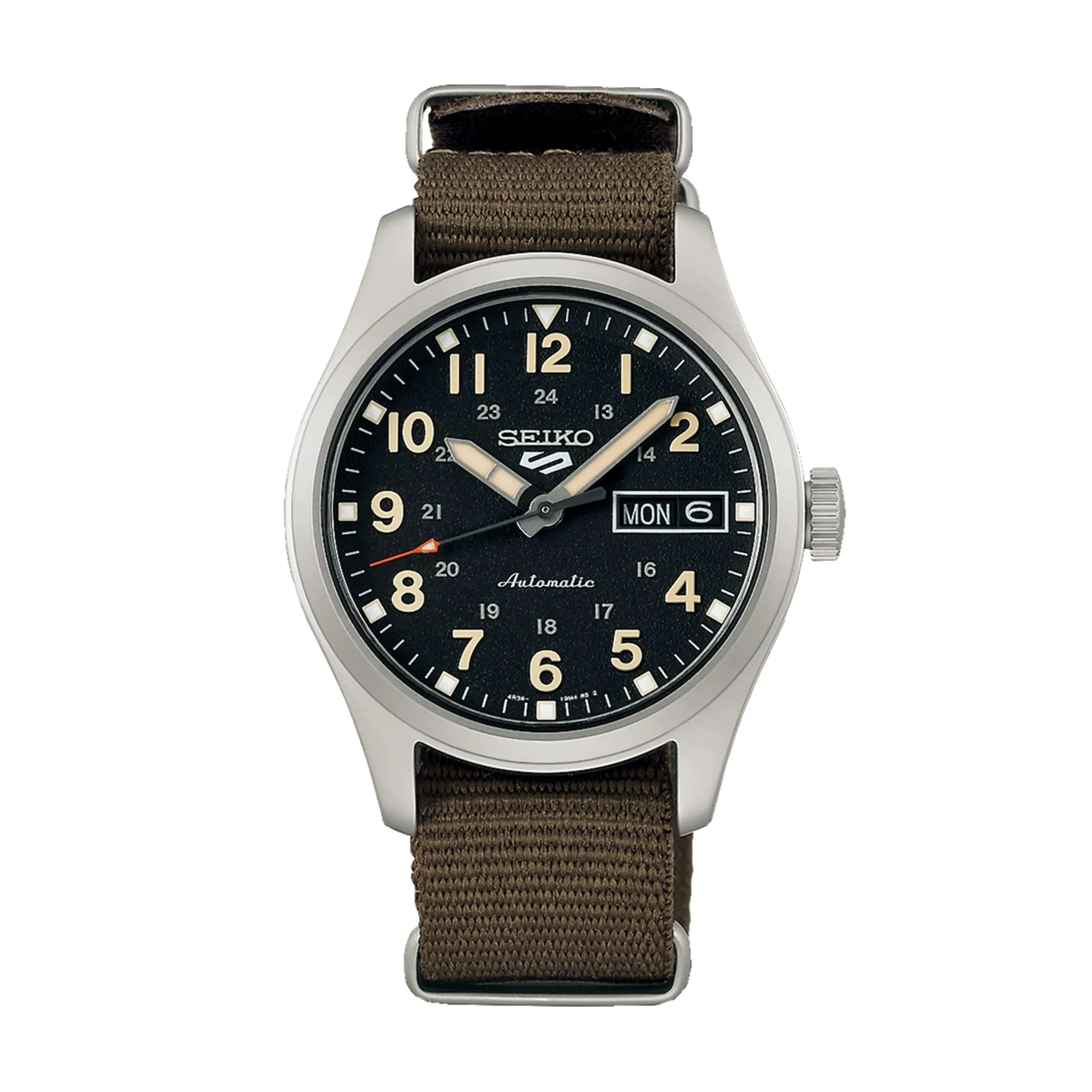 Montre Seiko 5 Midfield "Green Zone" automatique cadran noir bracelet NATO 36 mm