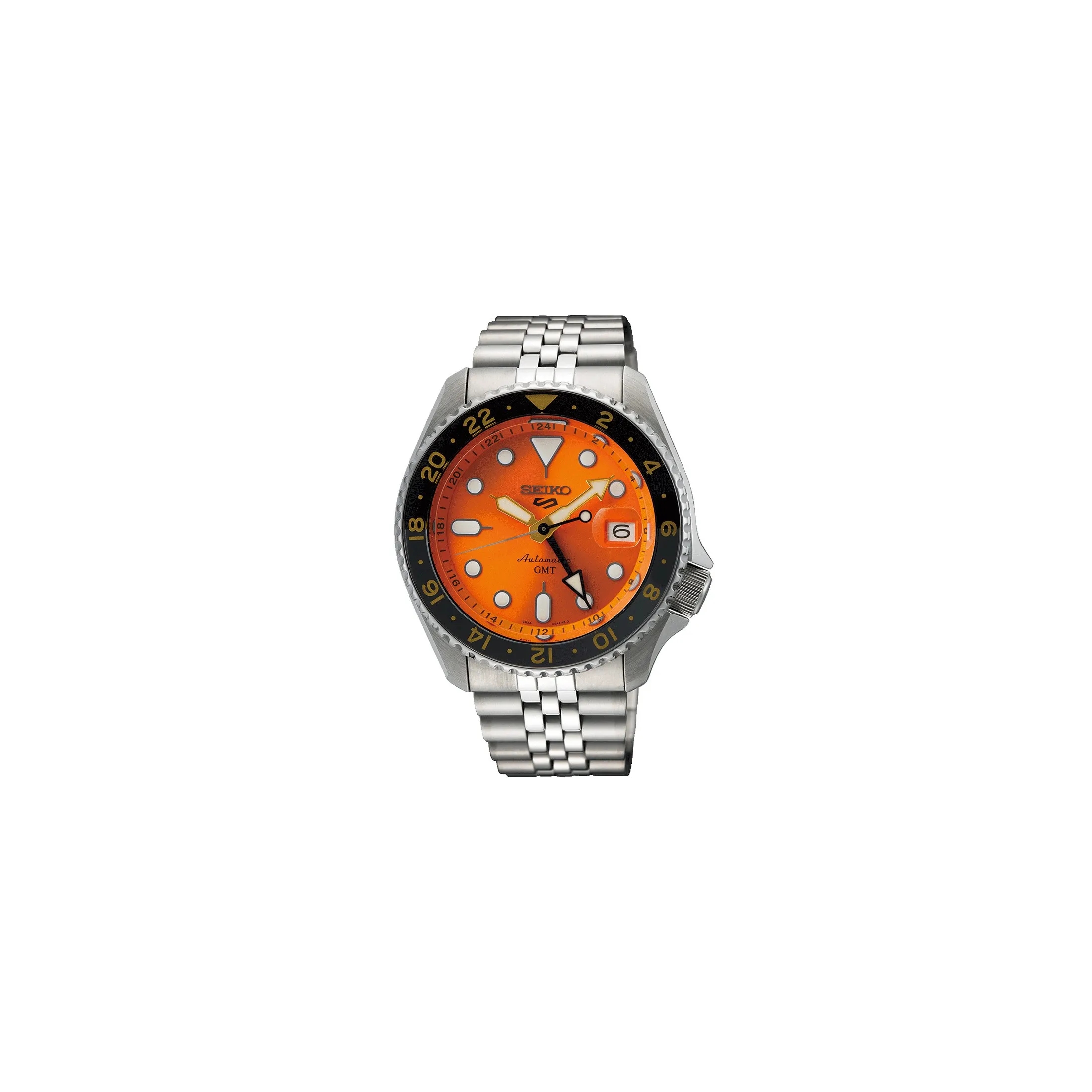 Montre Seiko 5 SKX Sports GMT automatique cadran orange bracelet acier 42,5 mm