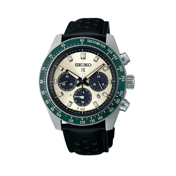 SEIKO Prospex Chrono Solar Beige Steel Black Leather Watch