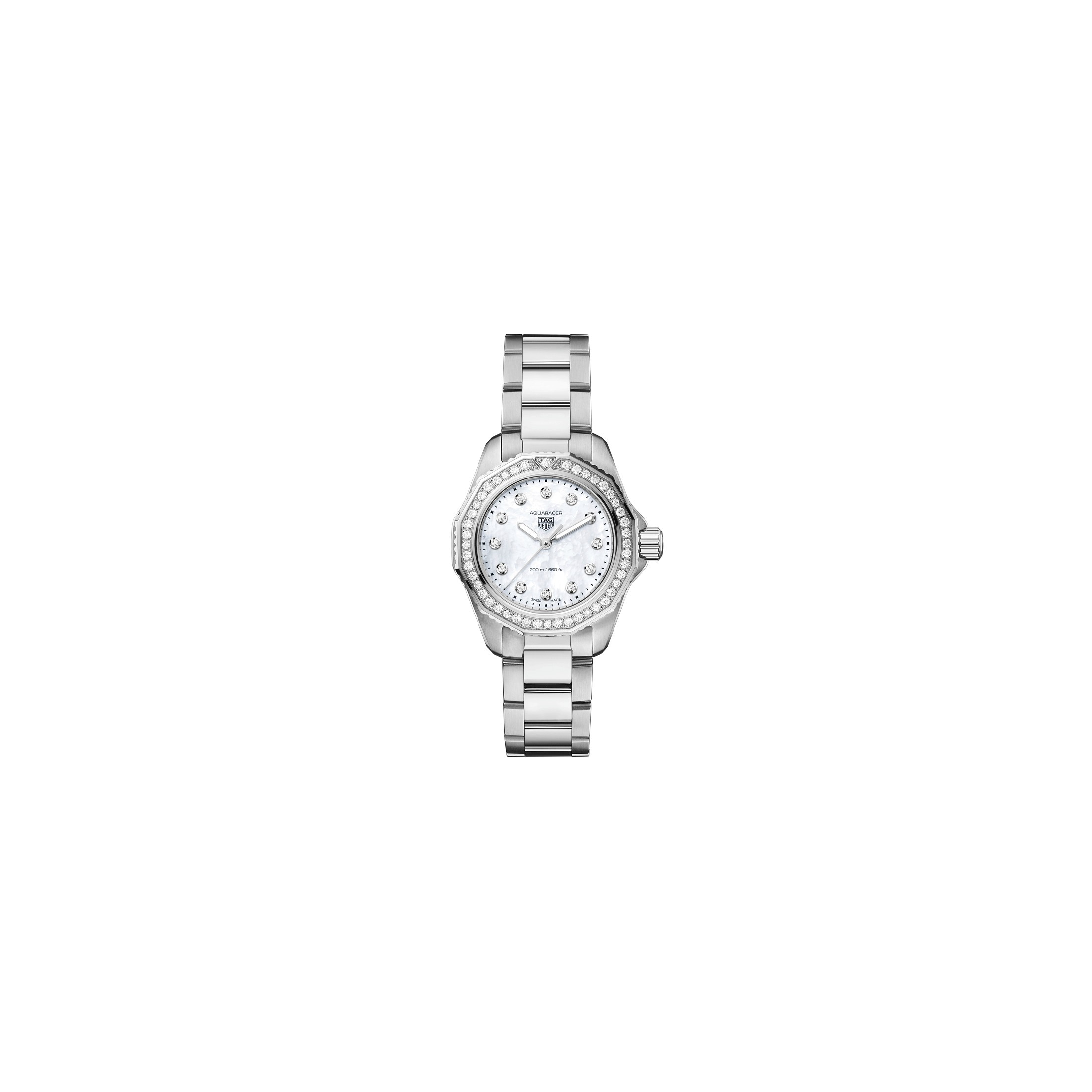 Montre TAG Heuer Aquaracer Professional 200 quartz lunette sertie cadran nacre blanche bracelet acier 30 mm
