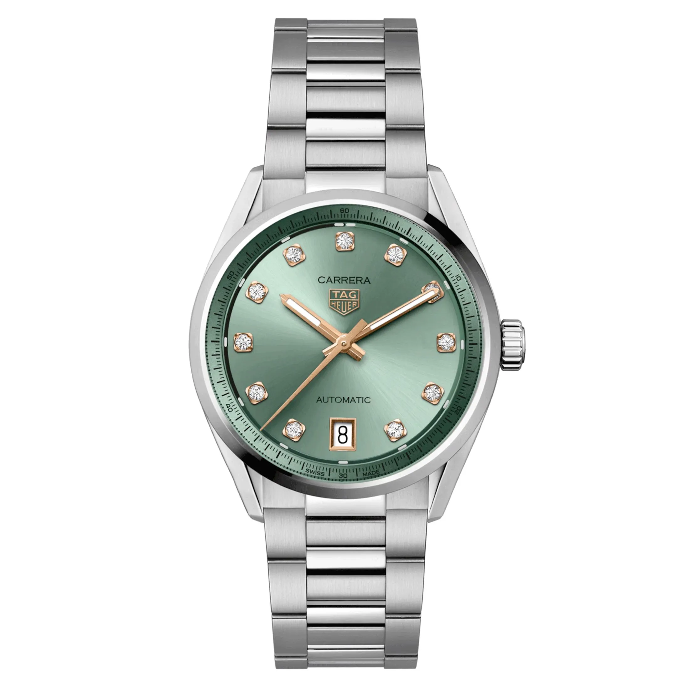 Montre TAG Heuer Carrera automatique index diamants cadran vert bracelet acier 36 mm