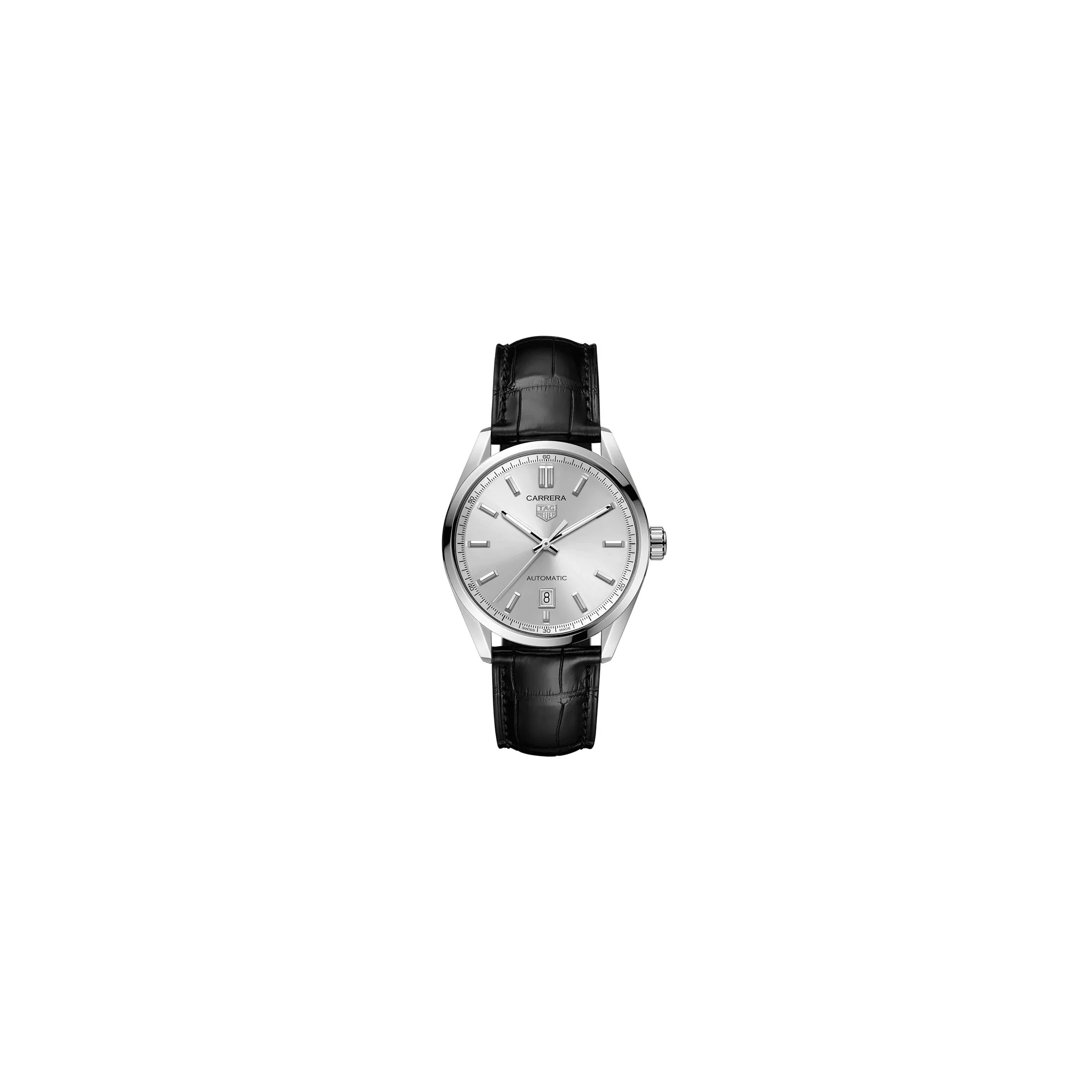 Montre TAG Heuer Carrera Calibre 5 automatique cadran argent bracelet cuir noir 39 mm
