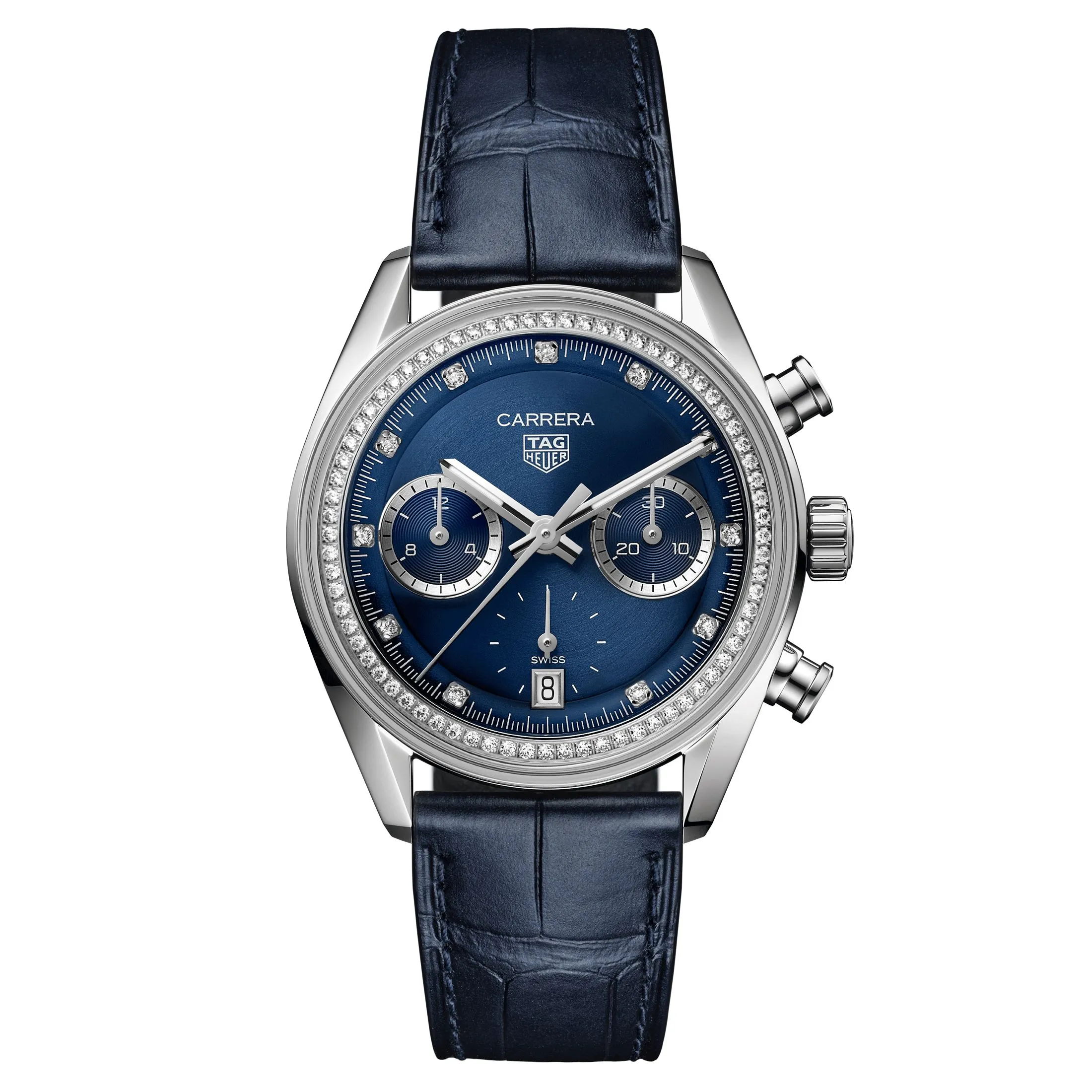 Montre TAG Heuer Carrera Chronograph Diamants automatique index diamants cadran bleu bracelet cuir bleu 39 mm