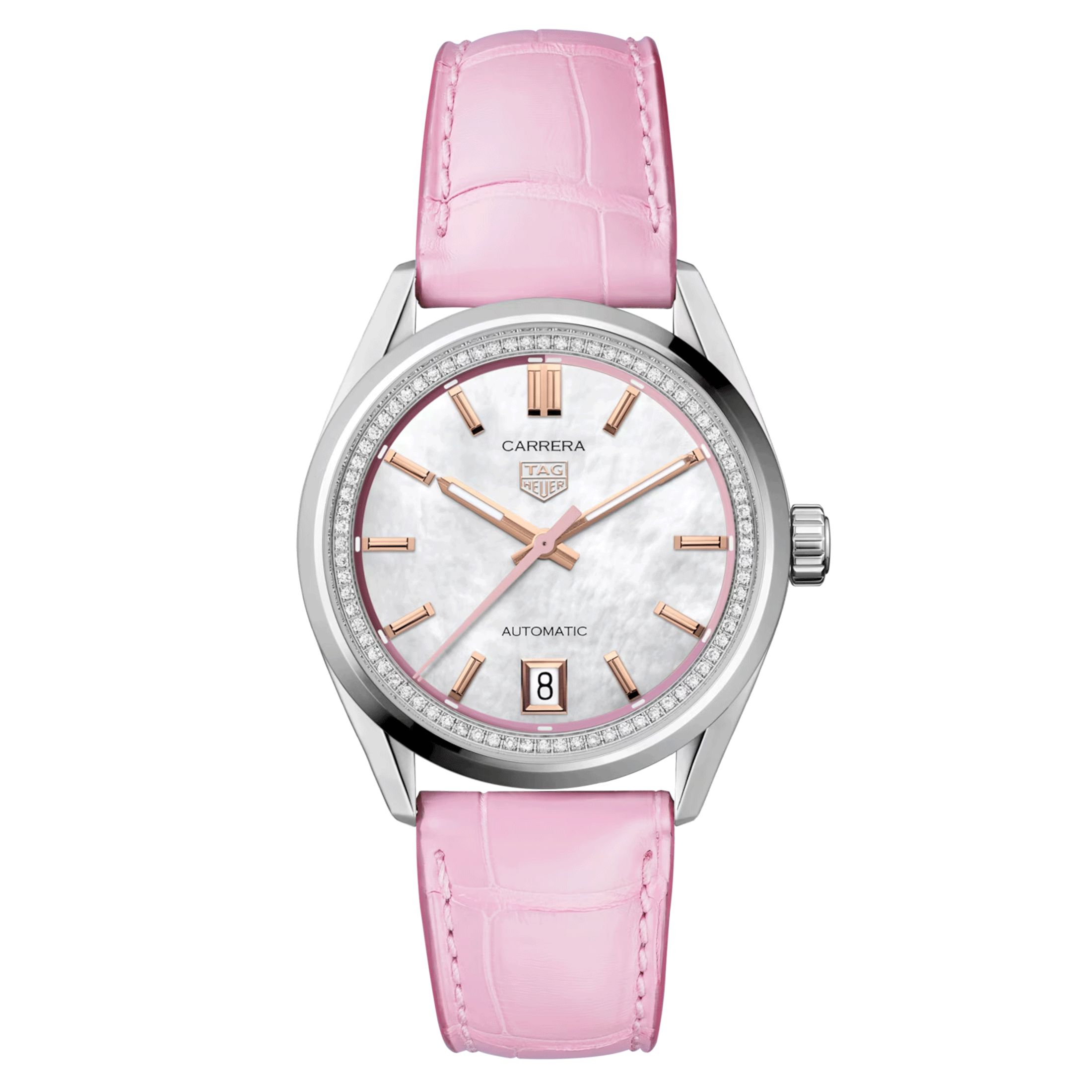 Montre TAG Heuer Carrera Date automatique diamants cadran nacre blanche bracelet cuir rose 36 mm