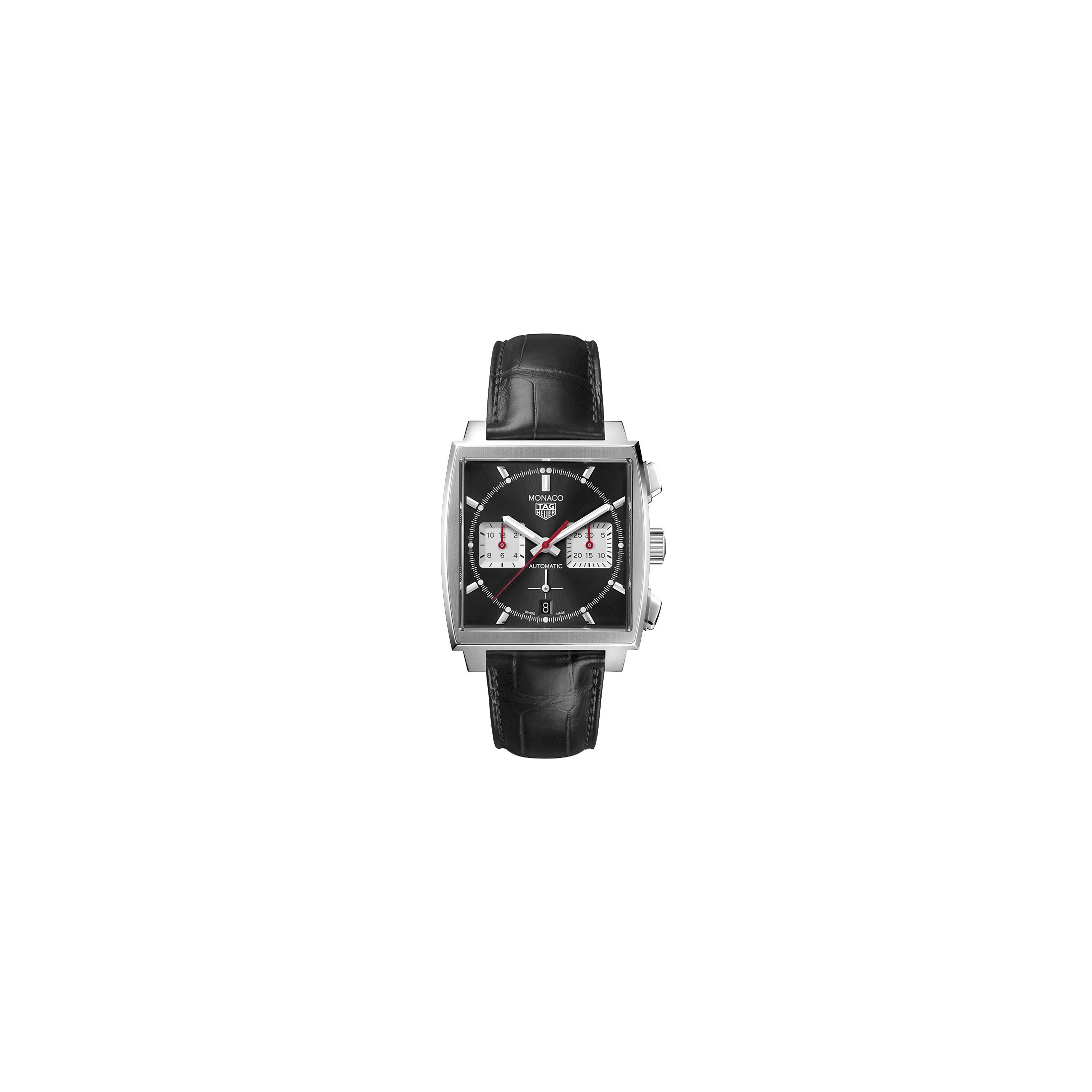 Montre TAG Heuer Monaco Calibre HEUER 02 cadran noir bracelet cuir noir 39 mm
