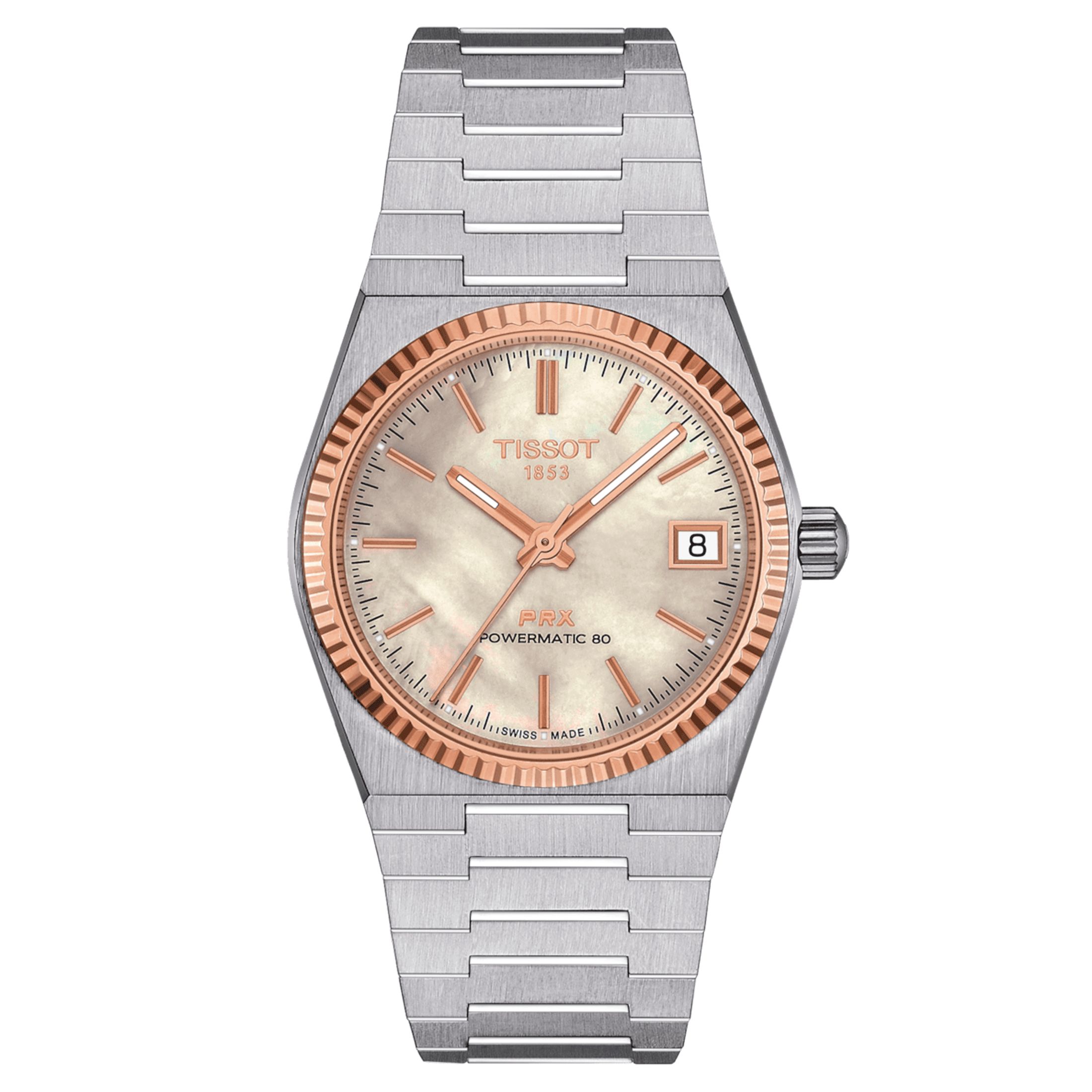 Montre Tissot PRX Powermatic 80 Or Rose automatique cadran nacre blanche bracelet acier 35 mm