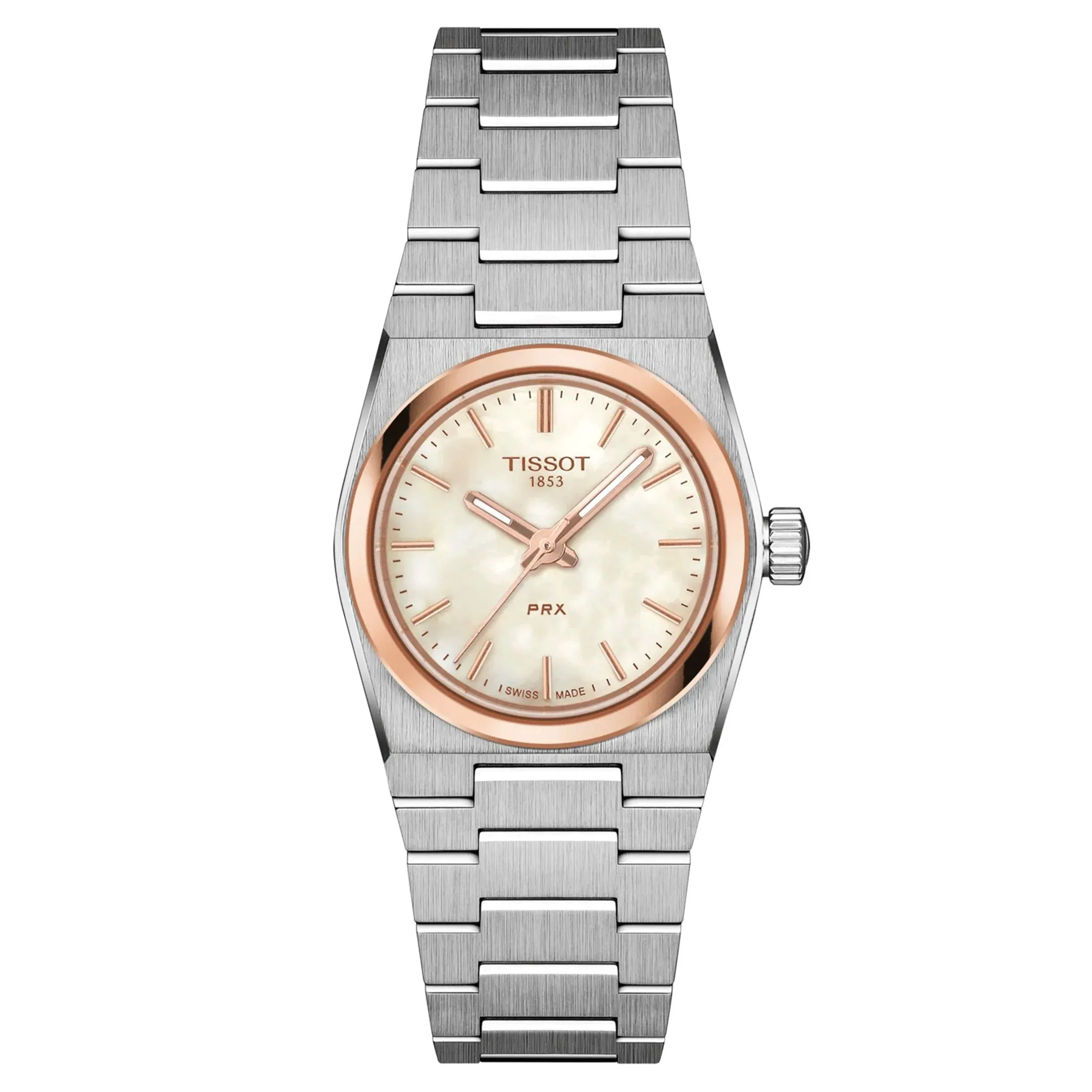 Montre Tissot PRX PVD Or Rose quartz cadran nacre blanche bracelet acier 25 mm