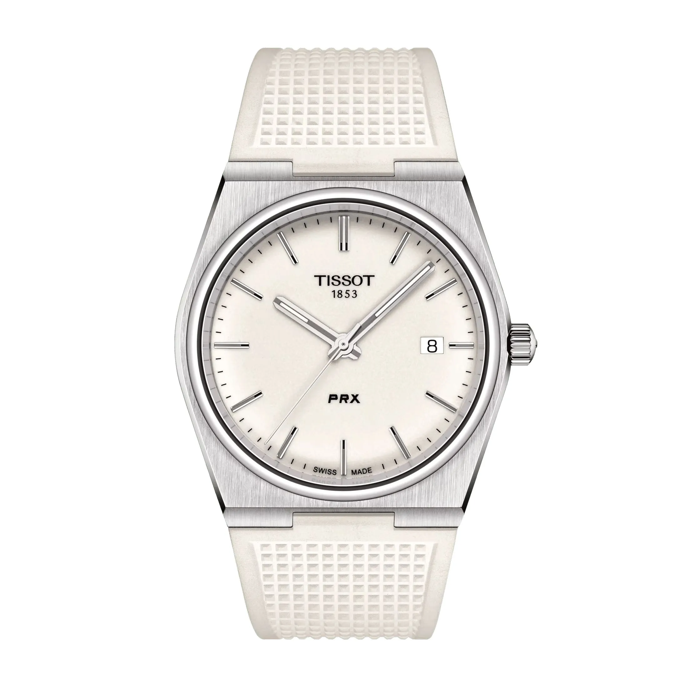 Montre Tissot PRX quartz cadran blanc bracelet caoutchouc blanc 40 mm