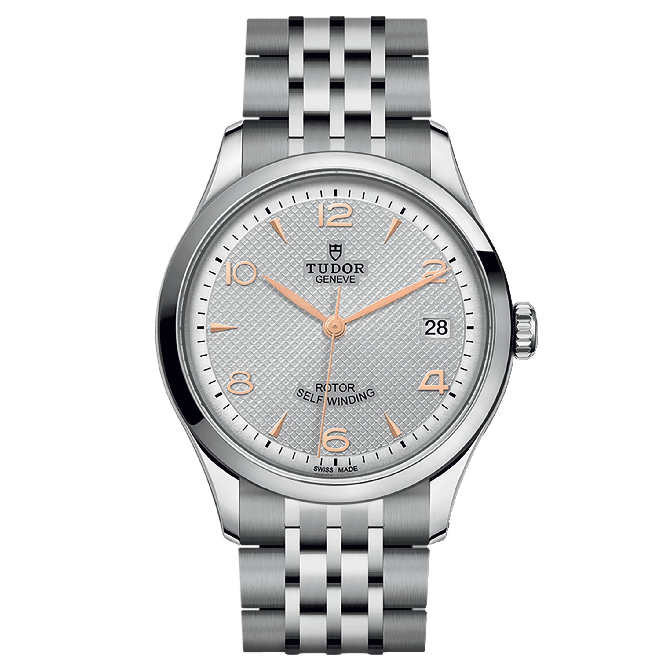 Montre Tudor 1926 automatique index et aiguilles or rose cadran argenté bracelet acier 36 mm