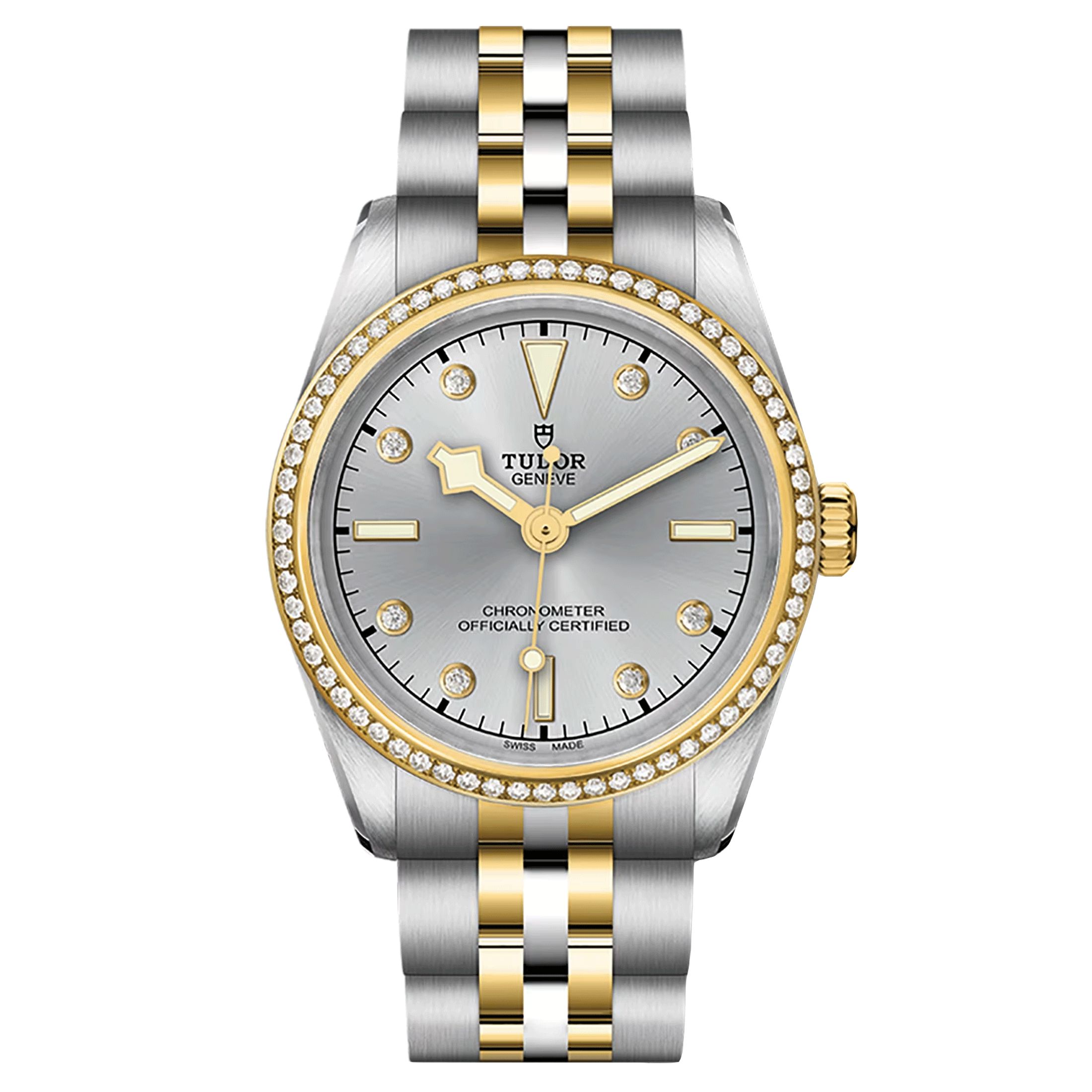 Montre Tudor Black Bay 31 One S&G automatique lunette sertie index diamants cadran argent bracelet acier et or jaune 31 mm