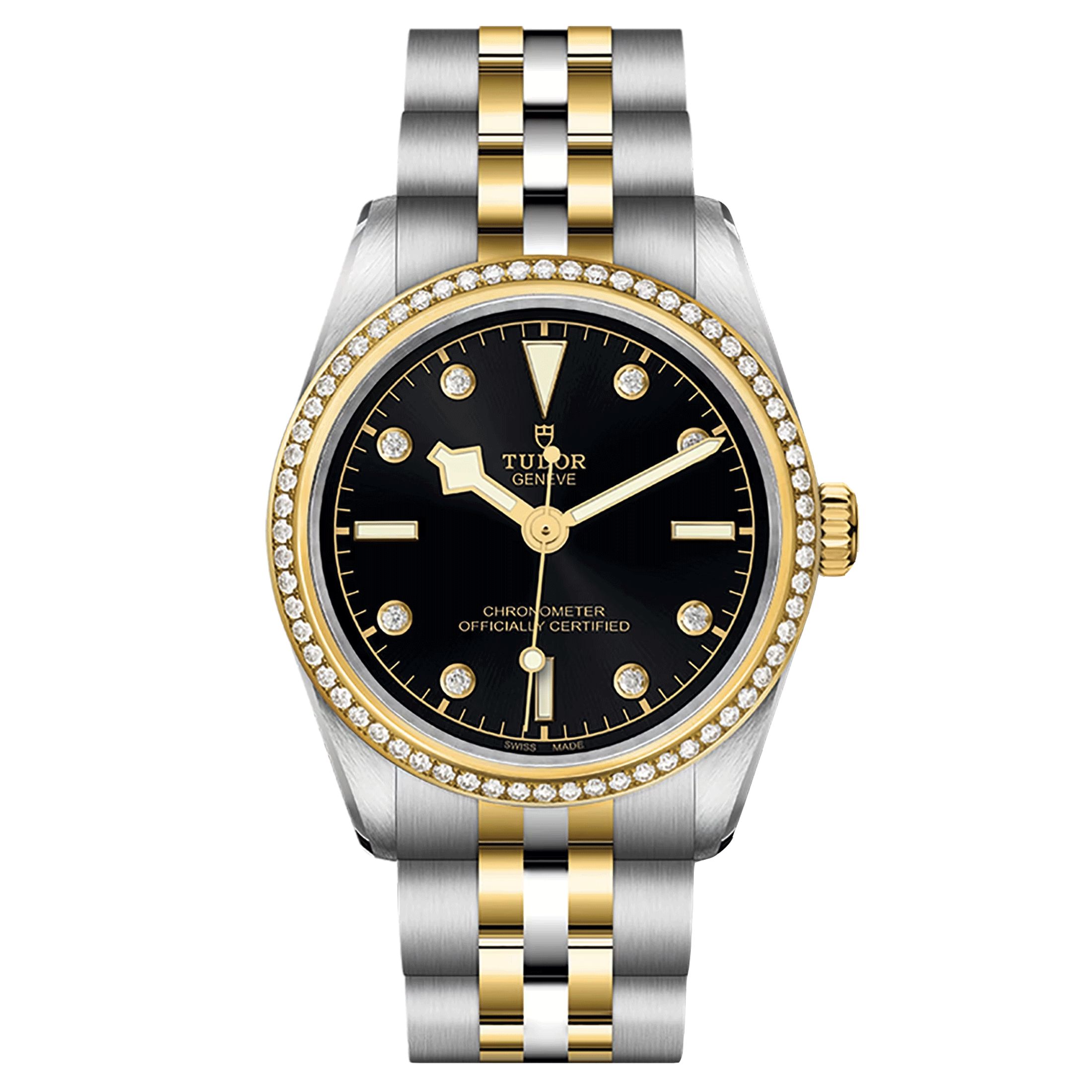 Montre Tudor Black Bay 31 One S&G automatique lunette sertie index diamants cadran noir bracelet acier et or jaune 31 mm