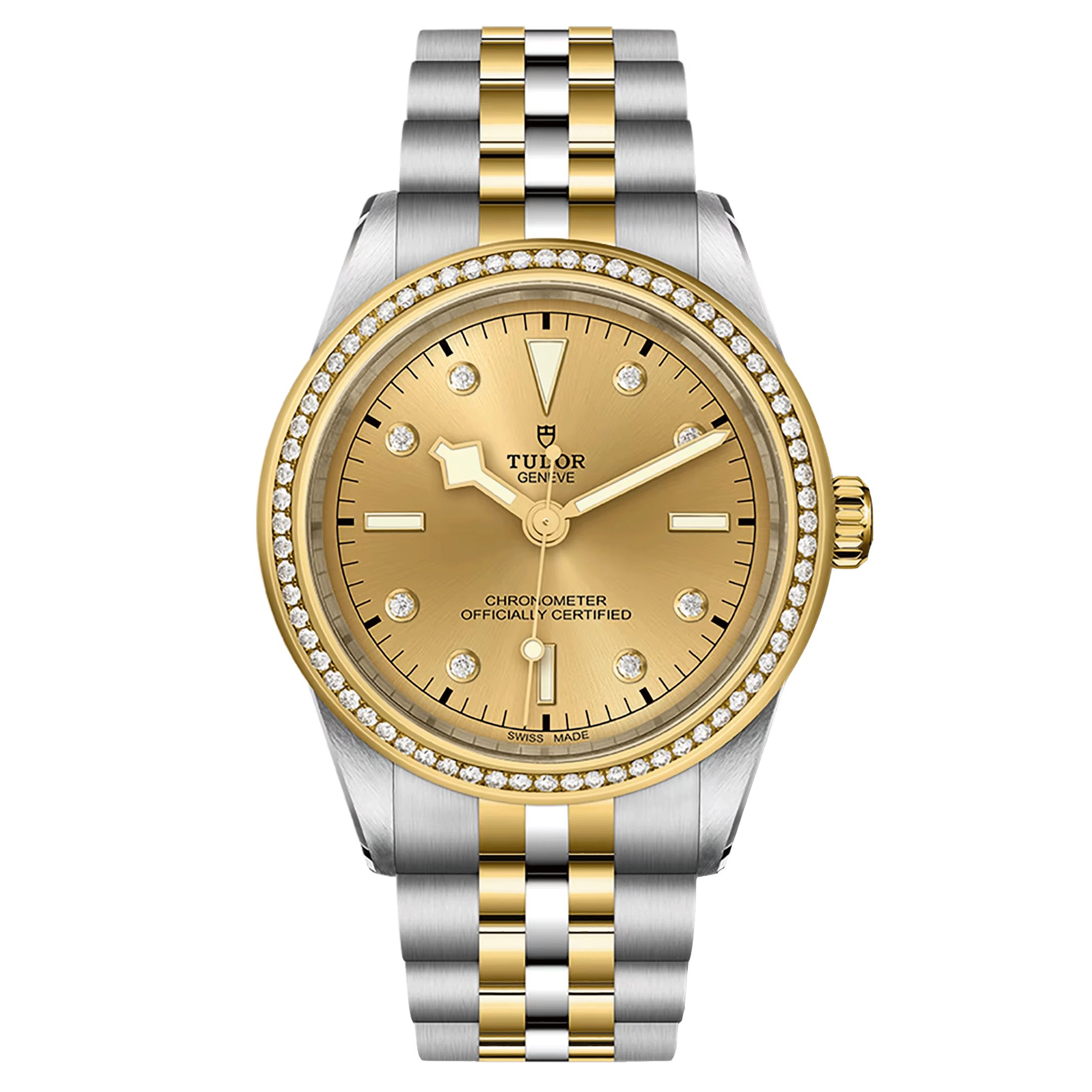 Montre Tudor Black Bay One 39 S&G automatique lunette sertie index diamants cadran champagne bracelet acier et or jaune 39 mm