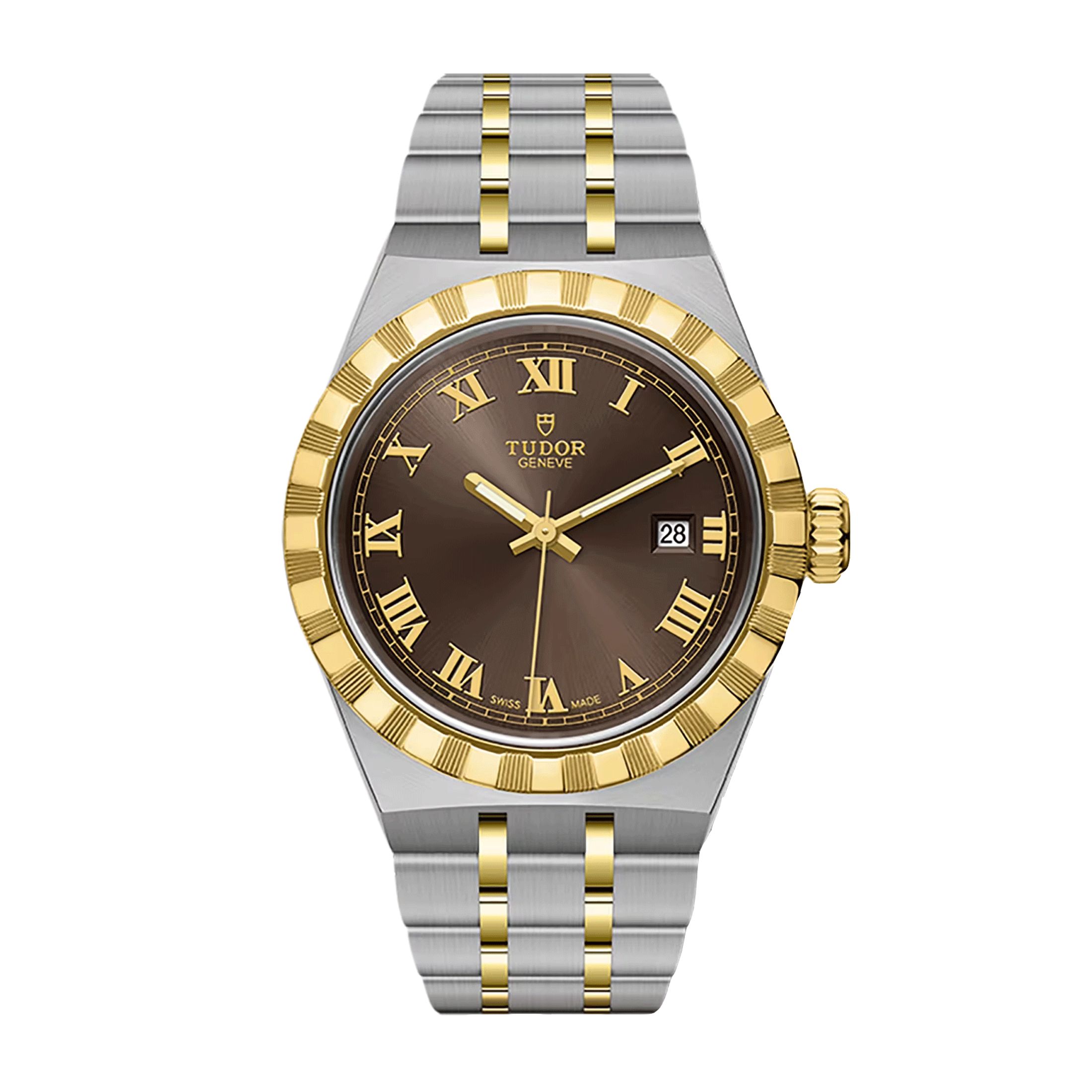 Montre Tudor Royal automatique lunette or jaune cadran chocolat bracelet acier et or jaune 28 mm