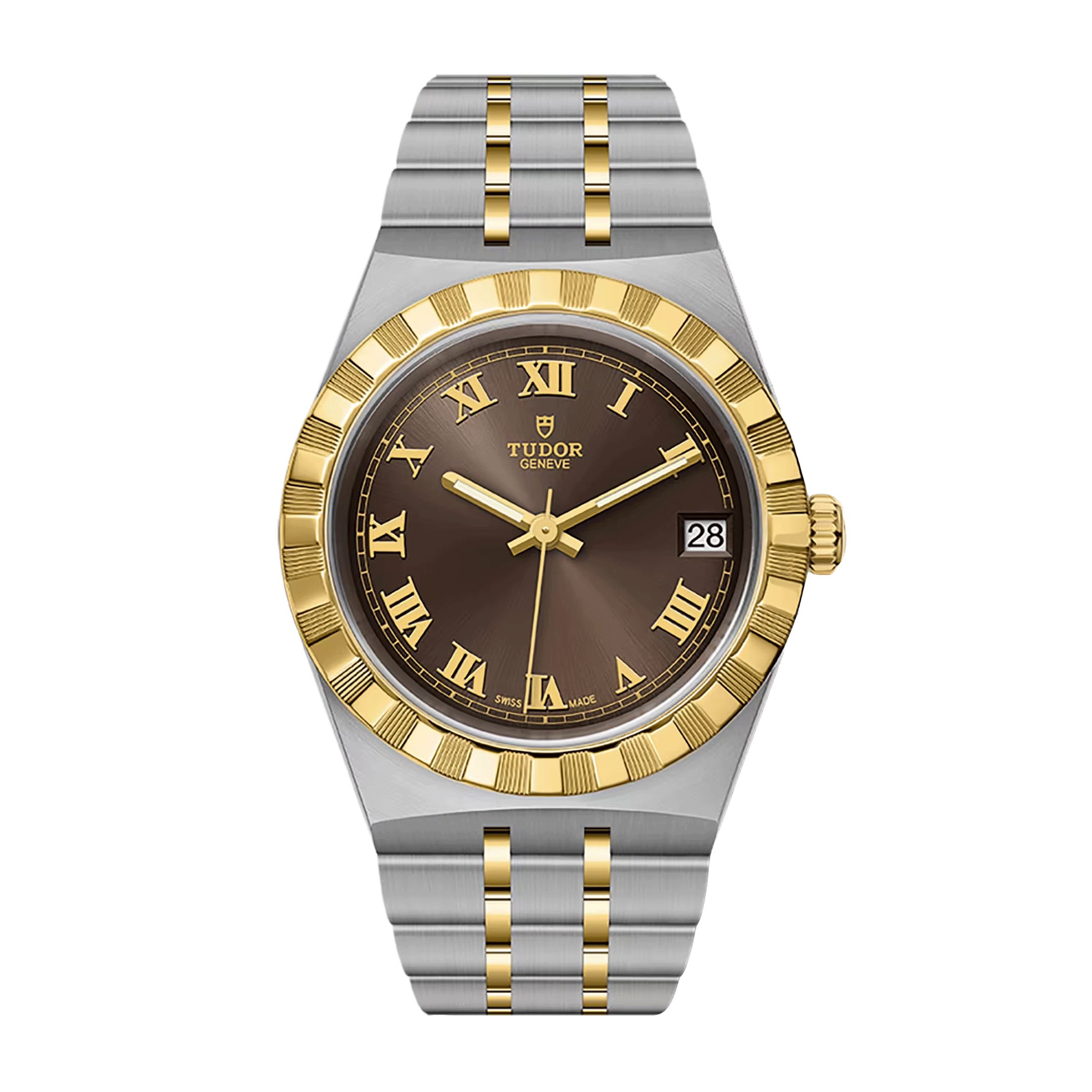 Montre Tudor Royal automatique lunette or jaune cadran chocolat bracelet acier et or jaune 34 mm