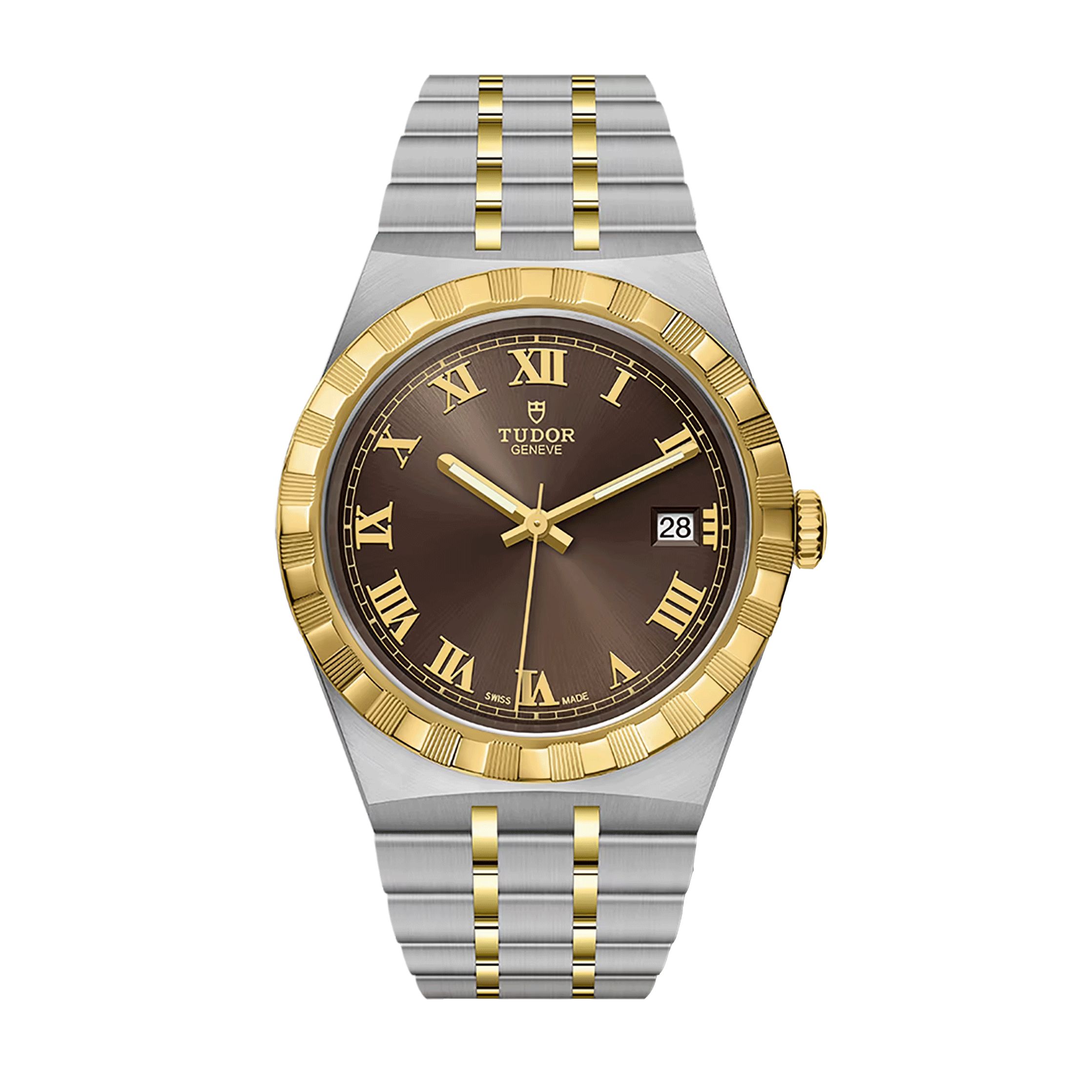 Montre Tudor Royal automatique lunette or jaune cadran chocolat bracelet acier et or jaune 38 mm