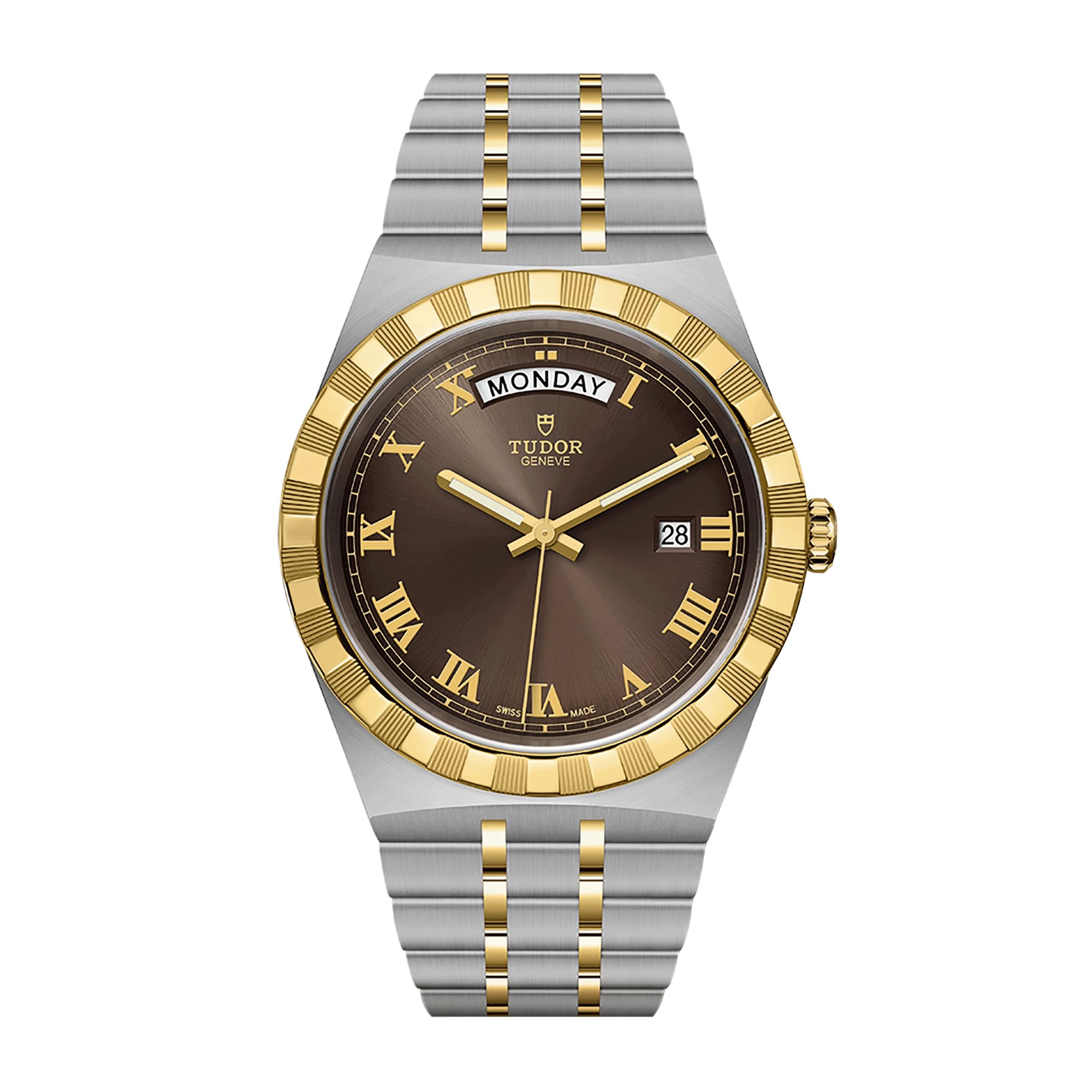 Montre Tudor Royal automatique lunette or jaune cadran chocolat bracelet acier et or jaune 41 mm