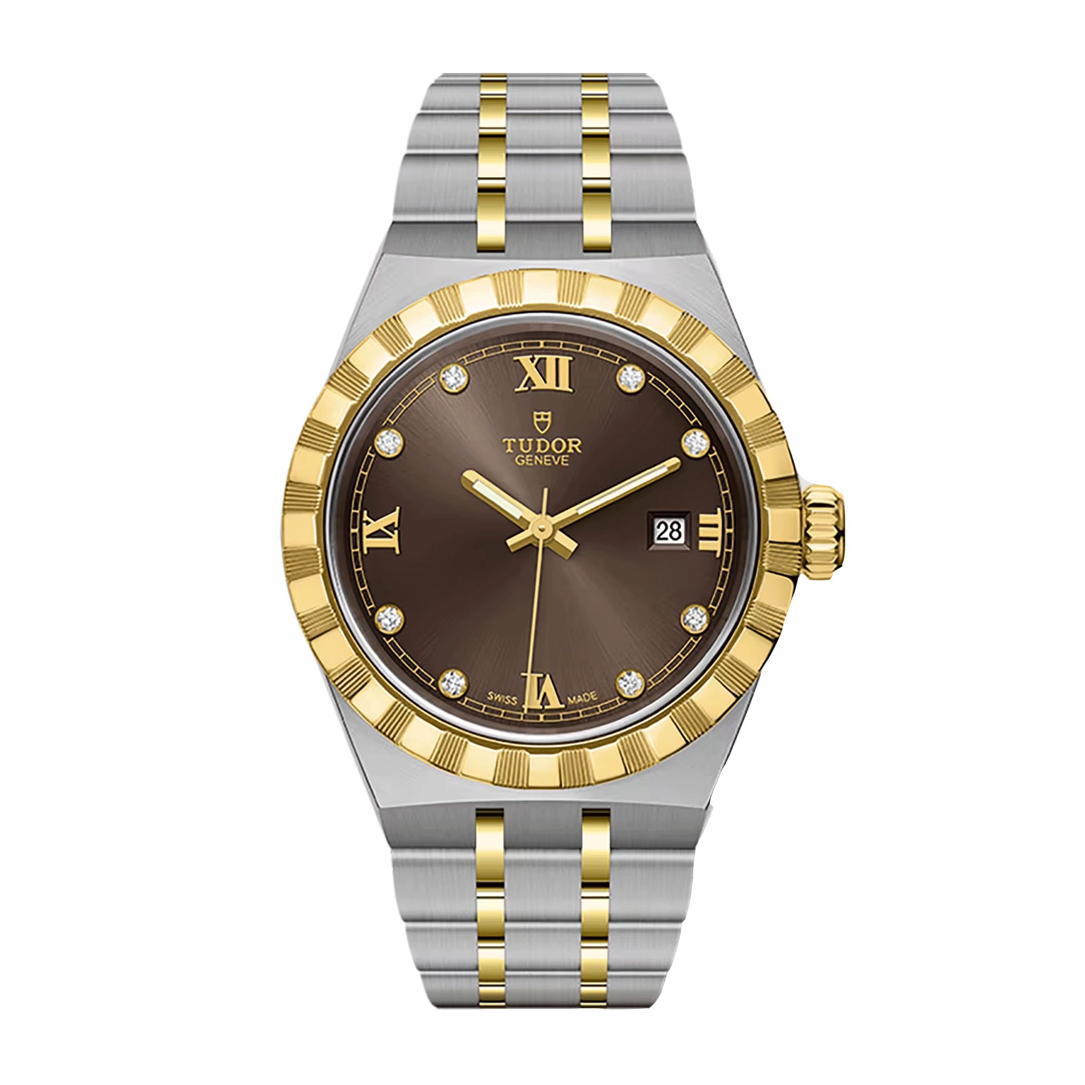Montre Tudor Royal automatique lunette or jaune index diamants cadran chocolat bracelet acier et or jaune 28 mm