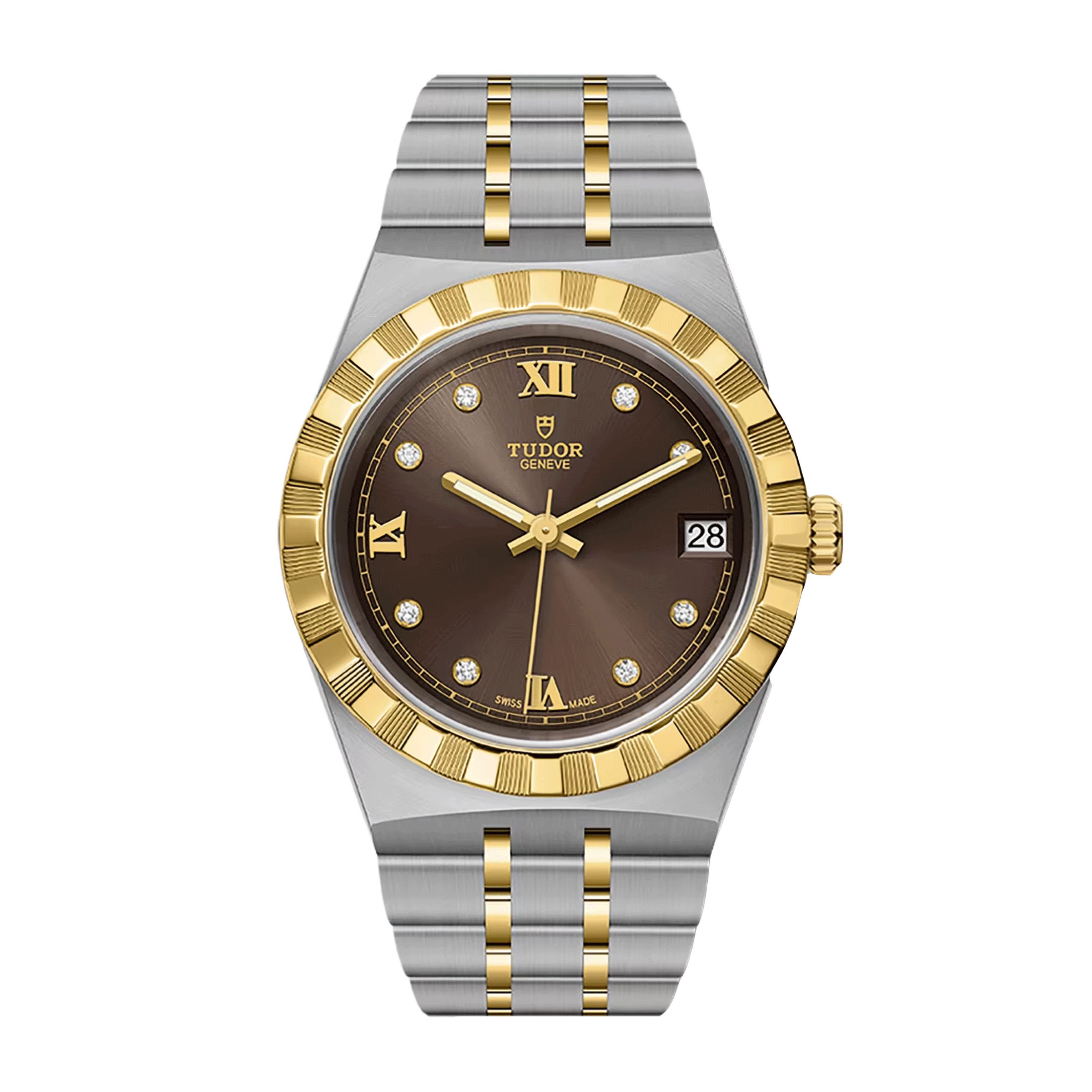 Montre Tudor Royal automatique lunette or jaune index diamants cadran chocolat bracelet acier et or jaune 34 mm