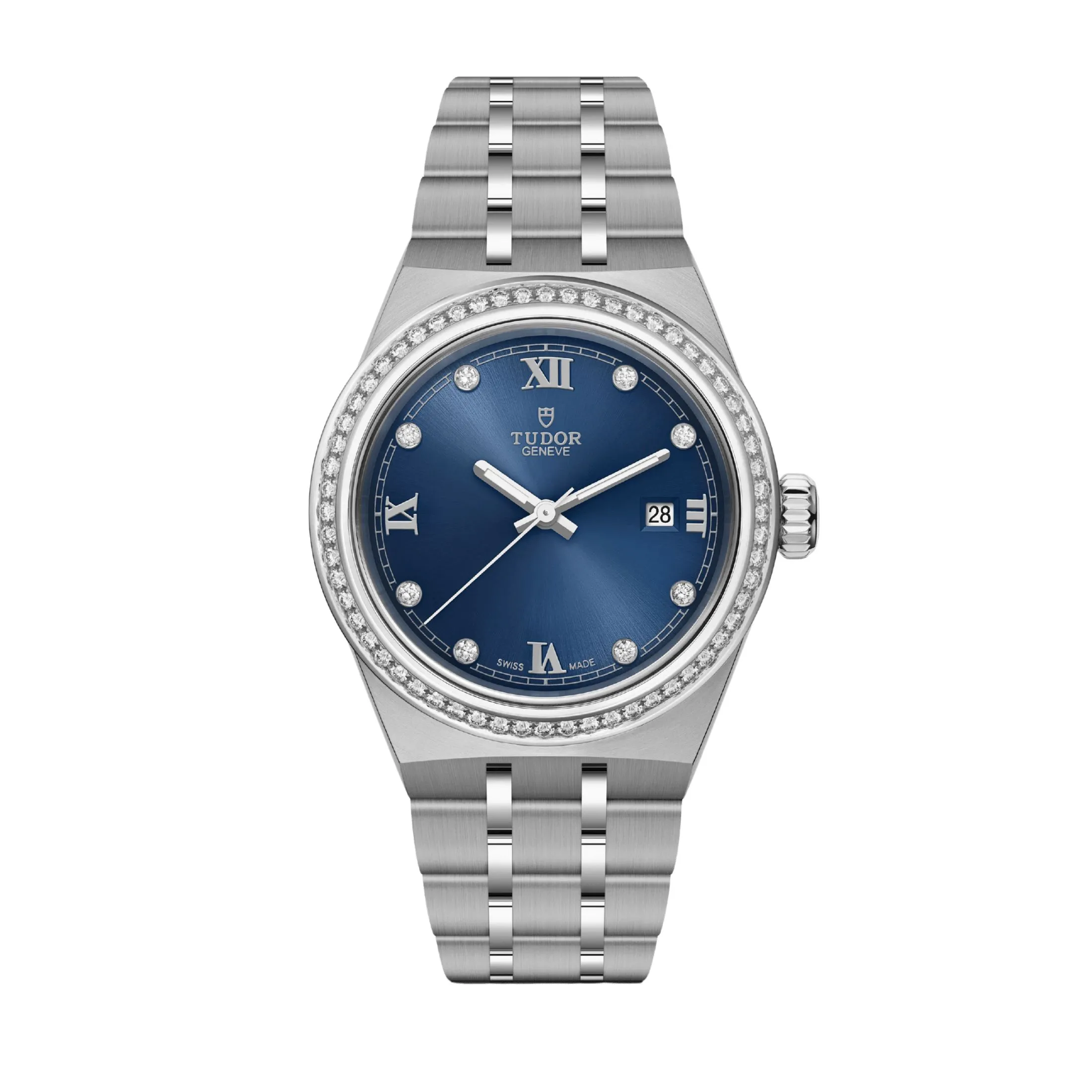 Montre Tudor Royal automatique lunette sertie diamants index diamants cadran bleu bracelet acier 28 mm