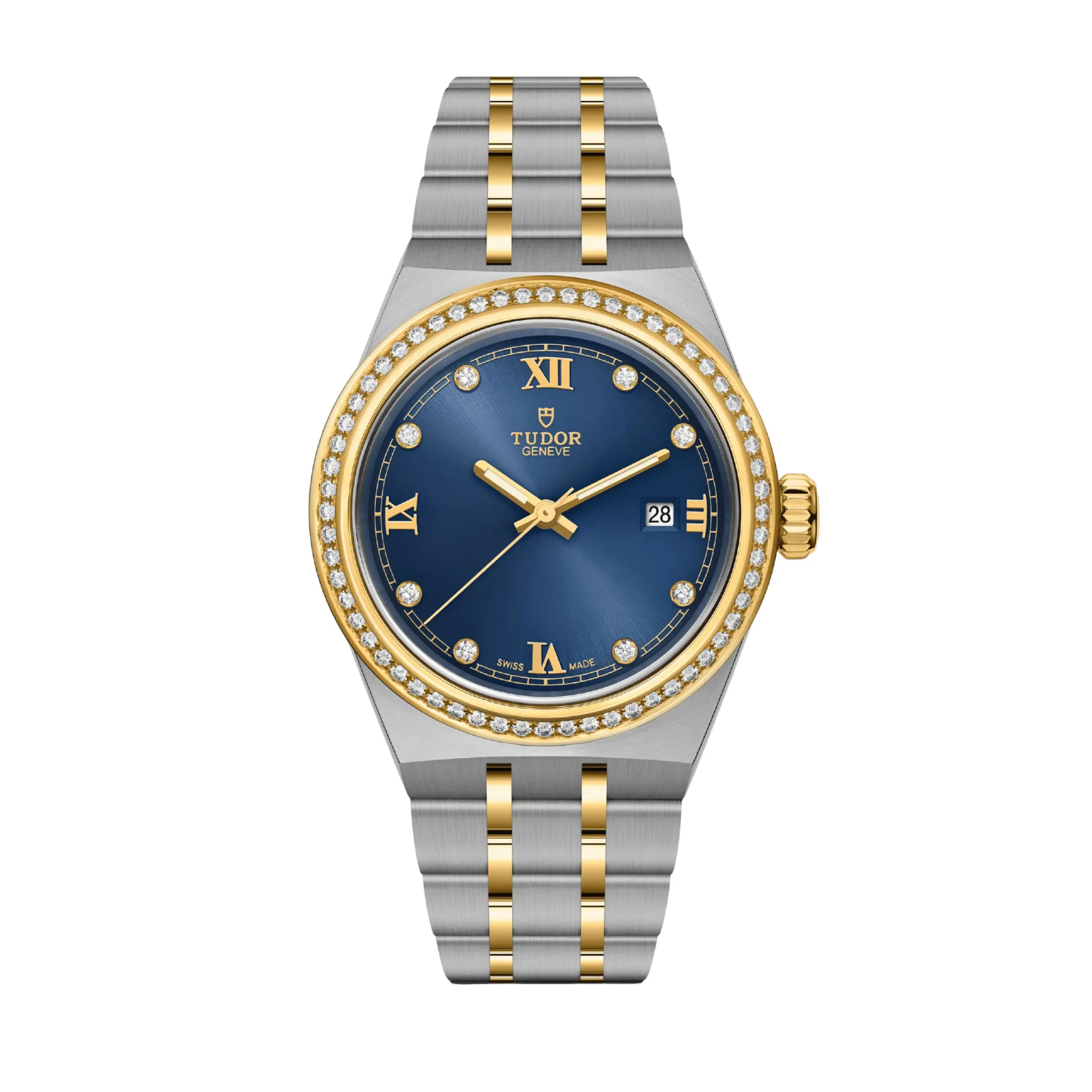 Montre Tudor Royal automatique lunette sertie diamants index diamants cadran bleu bracelet acier et or jaune 28 mm