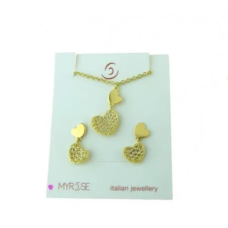 Parure con cuori a lastra e pavè di zirconi pendenti