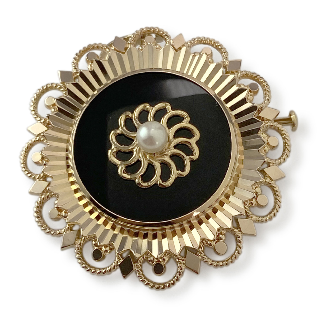 Pendentif broche d'occasion or 750 jaune perle de culture onyx plaque