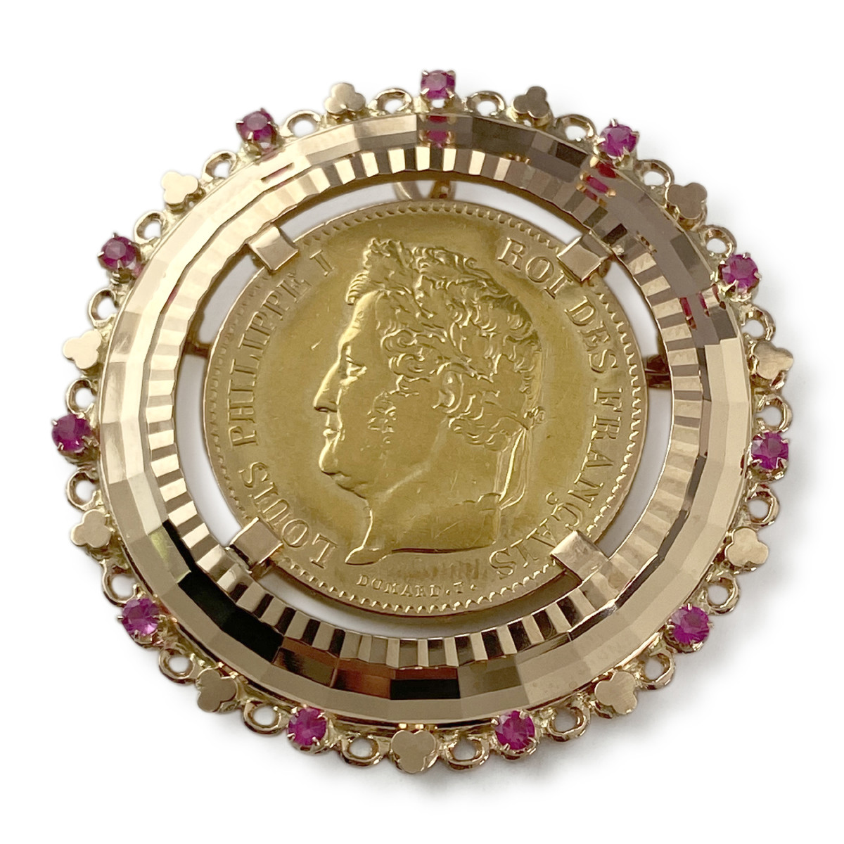 Pendentif broche d'occasion or 750 jaune porte pièce louis philippe i rubis synthétiques