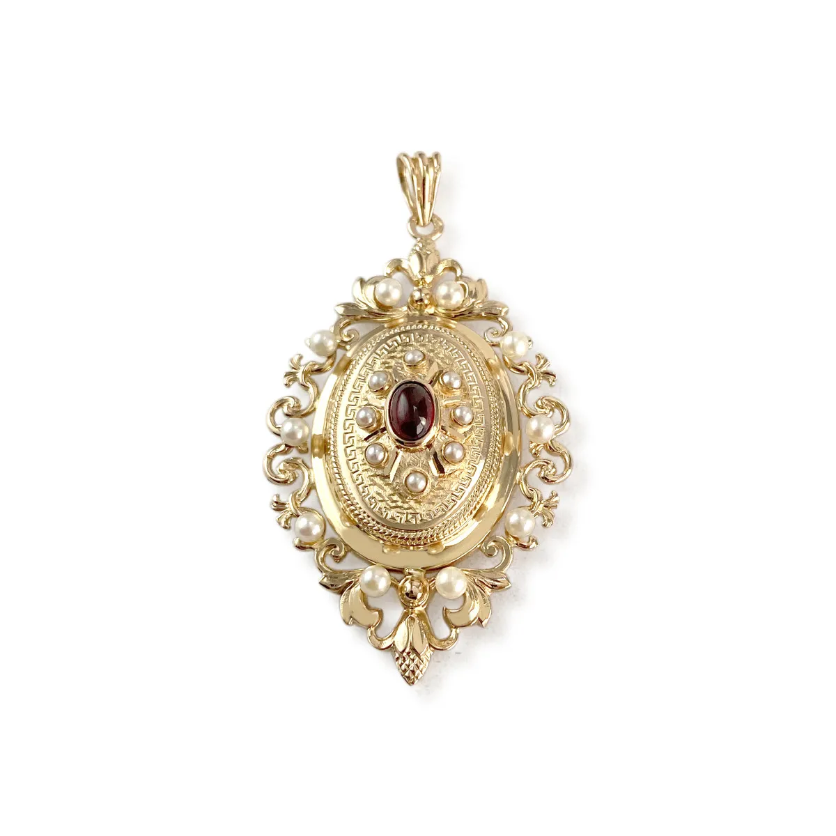 Pendentif d'occasion or 750 jaune grenat et perles de culture