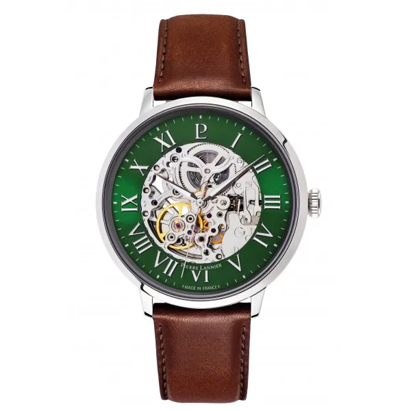Pierre Lannier - Montre Homme Automatic - cadran vert - bracelet cuir brun - Ref 323D174