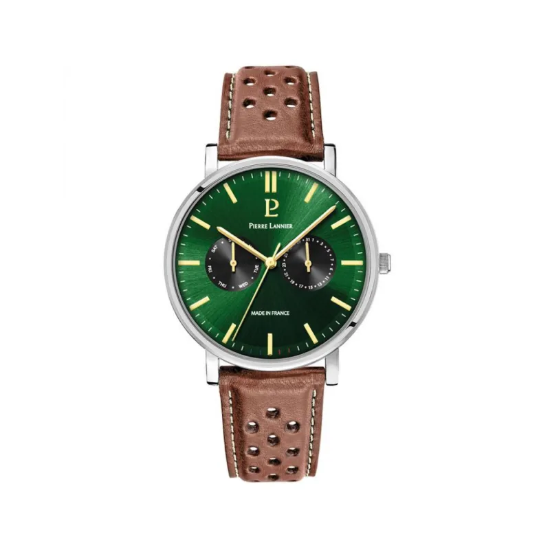 Pierre Lannier - Montre Homme Coffre Essential verte avec bracelet en cuir marron - Ref 387D174