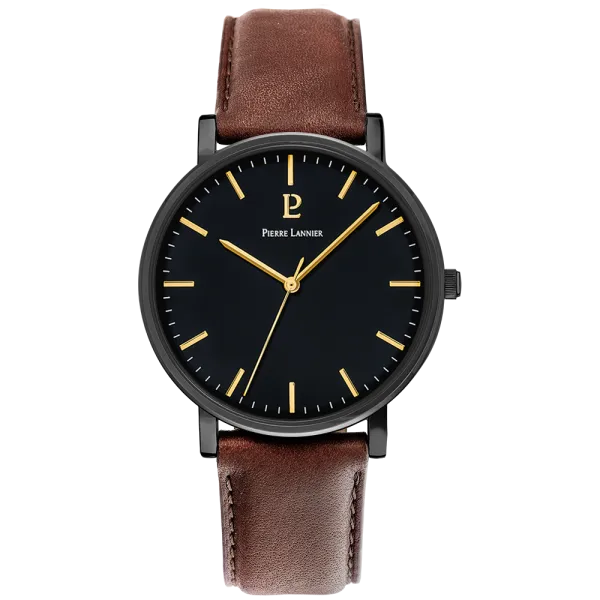 Pierre Lannier - Montre Homme - Essentiel - Cadran noir - Bracelet Cuir brun - Ref 218F434