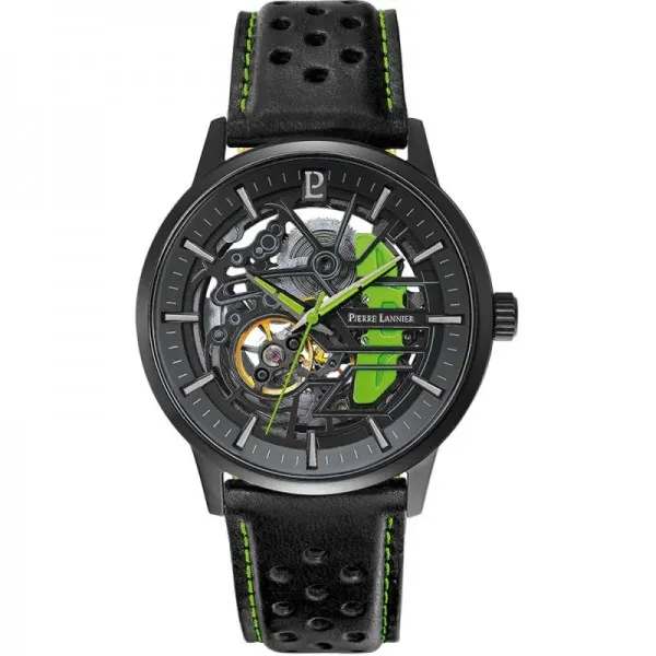 Pierre Lannier - Montre Homme - Paddock - Bracelet cuir Noir - Pilote Vert Noir - Ref 341A477