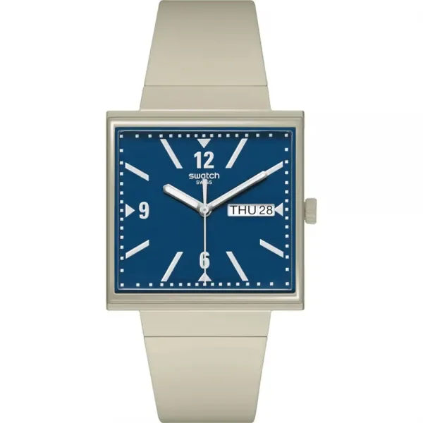 Swatch - Montre Mixte Cadran bleu biocéramique carré - What If Beige? - Ref SO34T700