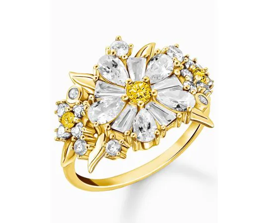 Thomas Sabo TR2335-414-4-54 Bague cocktail fleur avec pierres plaquée or Femmes