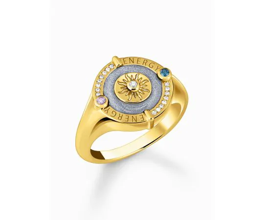 Thomas Sabo TR2449-974-1-56 Bague sceau dorée avec symbole du soleil et pierre Femme